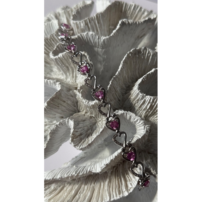 925 Sterling Silver Pink Sapphire Heart Bracelet Length 7.5