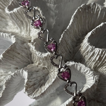 925 Sterling Silver Pink Sapphire Heart Bracelet Length 7.5