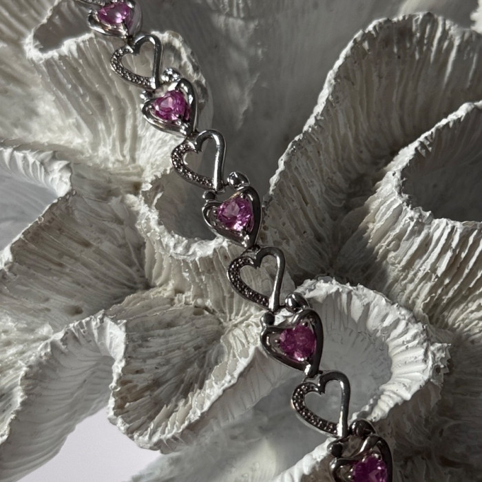 925 Sterling Silver Pink Sapphire Heart Bracelet Length 7.5