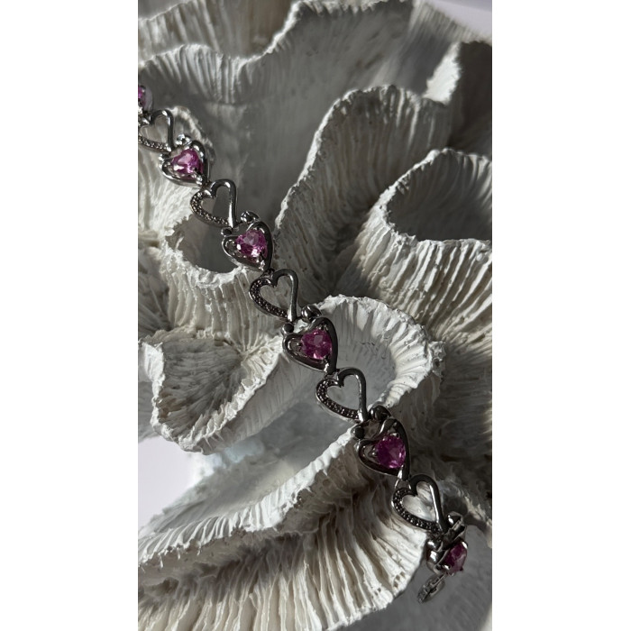 925 Sterling Silver Pink Sapphire Heart Bracelet Length 7.5
