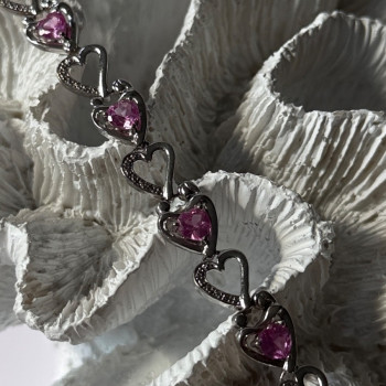 925 Sterling Silver Pink Sapphire Heart Bracelet Length 7.5