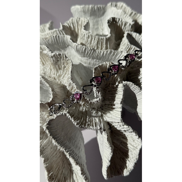 925 Sterling Silver Pink Sapphire Heart Bracelet Length 7.5