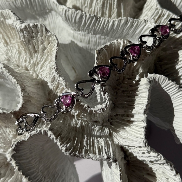 925 Sterling Silver Pink Sapphire Heart Bracelet Length 7.5
