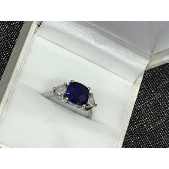 925 Sterling Silver Blue Topaz & CZ Ring Size 6.5