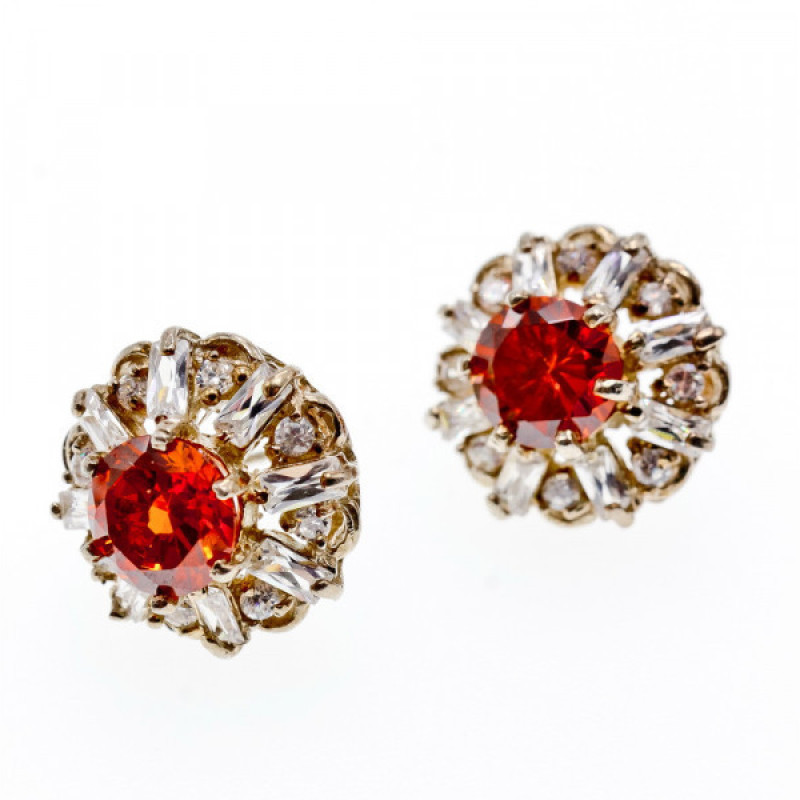 925 Sterling Silver Hessonite & CZ Stud Earrings