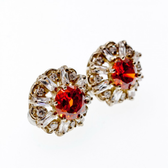 925 Sterling Silver Hessonite & CZ Stud Earrings
