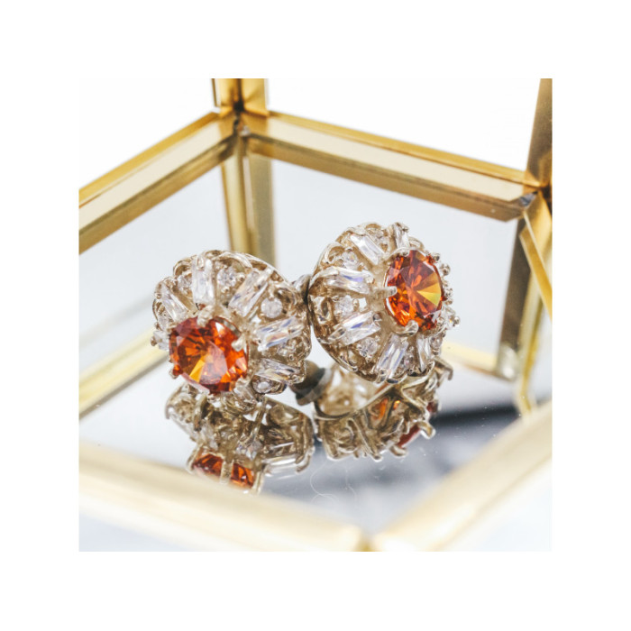 925 Sterling Silver Hessonite & CZ Stud Earrings