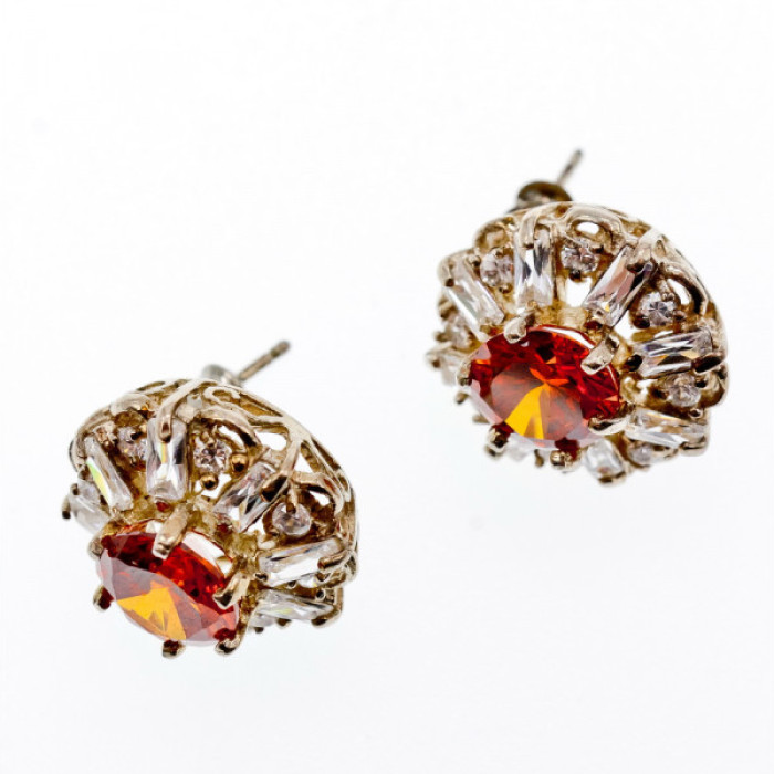 925 Sterling Silver Hessonite & CZ Stud Earrings