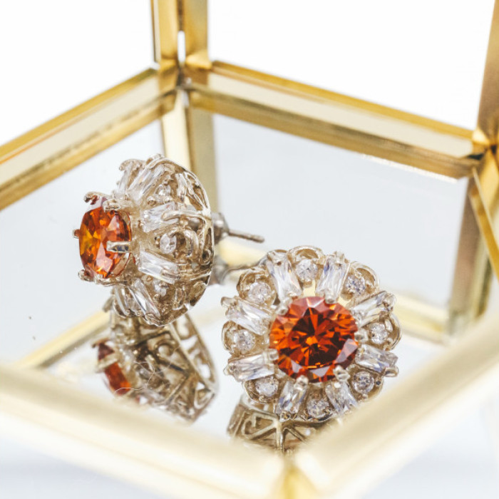 925 Sterling Silver Hessonite & CZ Stud Earrings