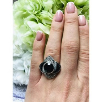 925 Sterling Silver Black Jade & Marcasites Ring Size 6.5