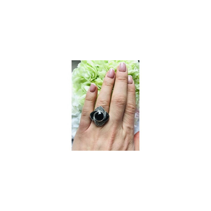 925 Sterling Silver Black Jade & Marcasites Ring Size 6.5