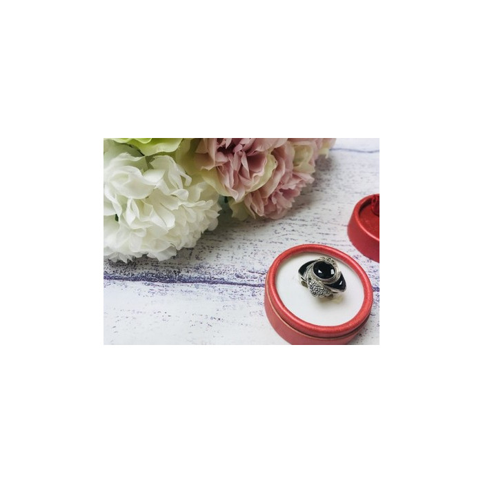 925 Sterling Silver Black Jade & Marcasites Ring Size 6.5