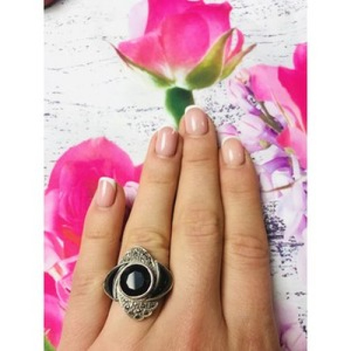 925 Sterling Silver Black Jade & Marcasites Ring Size 6.5