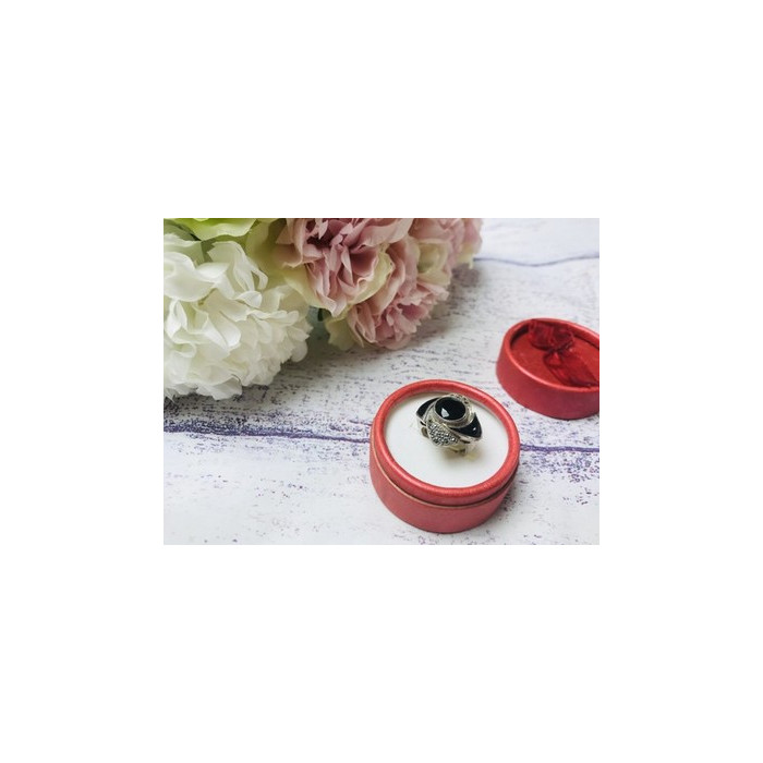 925 Sterling Silver Black Jade & Marcasites Ring Size 6.5