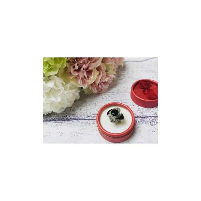 925 Sterling Silver Black Jade & Marcasites Ring Size 6.5