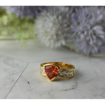 925 Sterling Silver Gold Plated Orange Topaz & CZ Ring Size 8.5