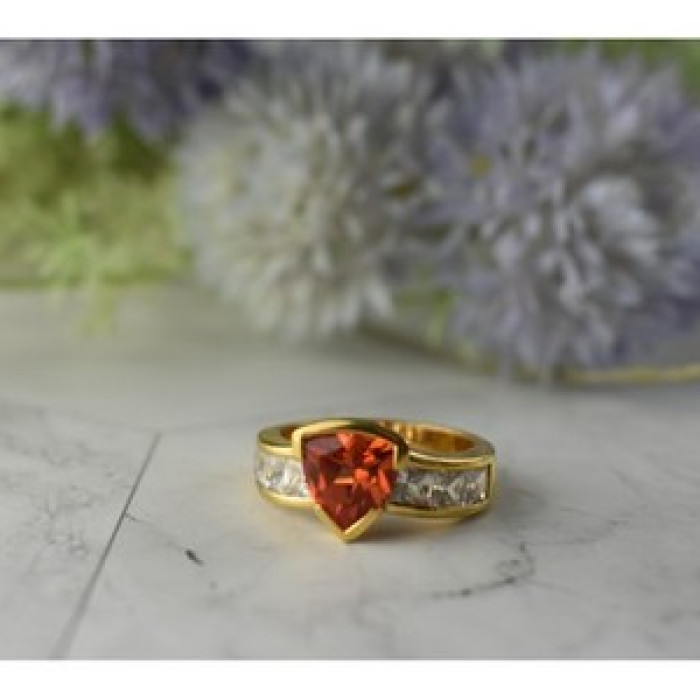925 Sterling Silver Gold Plated Orange Topaz & CZ Ring Size 8.5