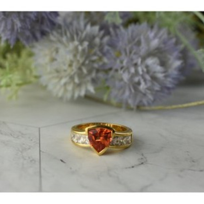 925 Sterling Silver Gold Plated Orange Topaz & CZ Ring Size 8.5