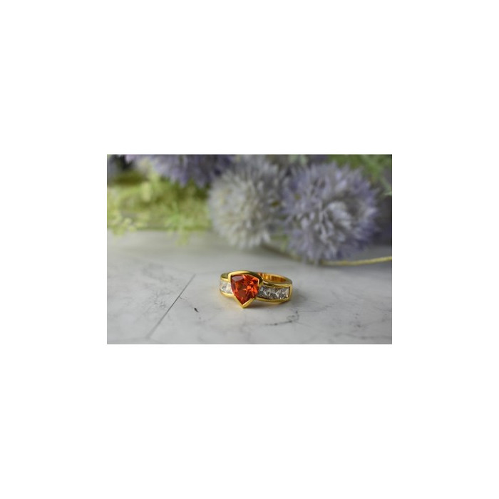 925 Sterling Silver Gold Plated Orange Topaz & CZ Ring Size 8.5
