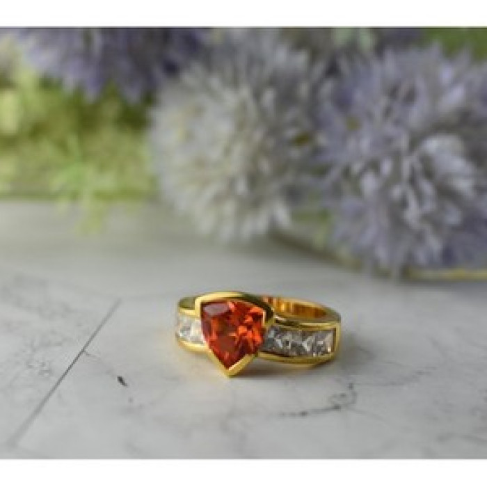 925 Sterling Silver Gold Plated Orange Topaz & CZ Ring Size 8.5