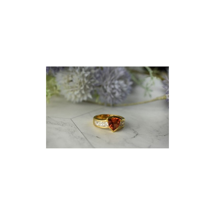 925 Sterling Silver Gold Plated Orange Topaz & CZ Ring Size 8.5