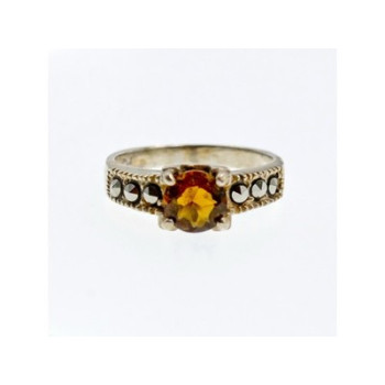 925 Sterling Silver Hessonite & Marcasites Ring Size 5.5