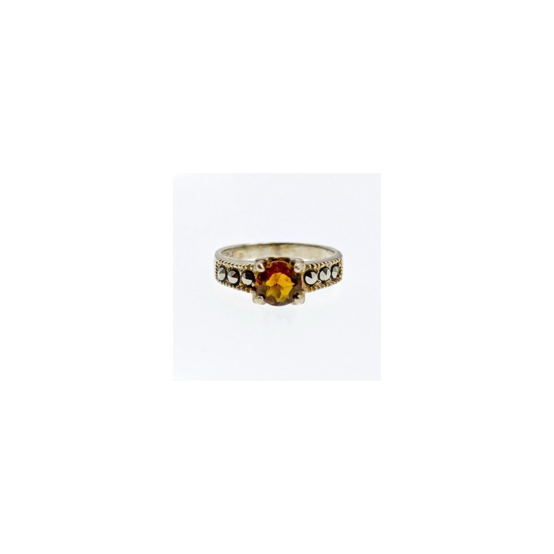 925 Sterling Silver Hessonite & Marcasites Ring Size 5.5
