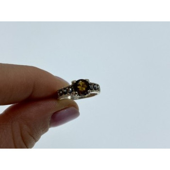 925 Sterling Silver Hessonite & Marcasites Ring Size 5.5