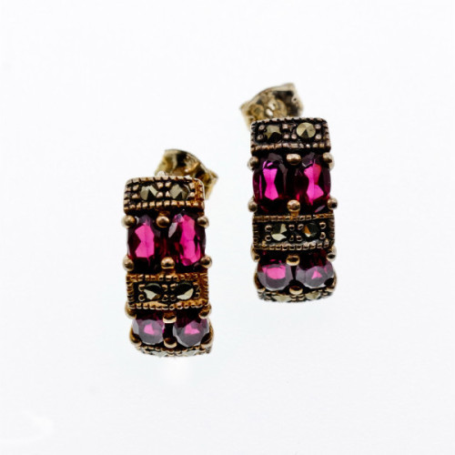 925 Sterling Silver Almandine & Marcasites Stud Earrings