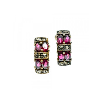 925 Sterling Silver Almandine & Marcasites Stud Earrings