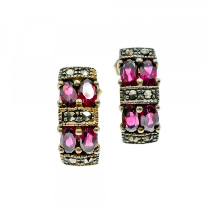 925 Sterling Silver Almandine & Marcasites Stud Earrings