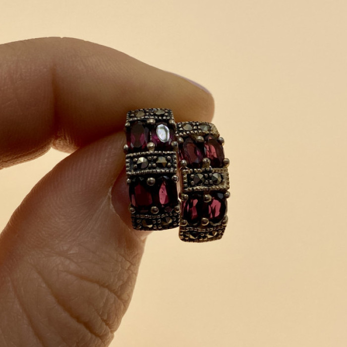 925 Sterling Silver Almandine & Marcasites Stud Earrings
