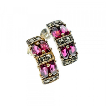 925 Sterling Silver Almandine & Marcasites Stud Earrings