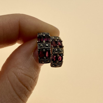 925 Sterling Silver Almandine & Marcasites Stud Earrings