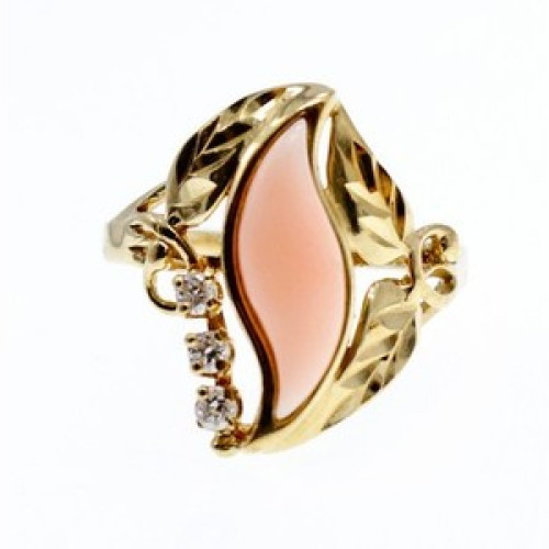 14K Yellow Gold Pink Agate & Sapphires Ring Size 5.5