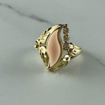 14K Yellow Gold Pink Agate & Sapphires Ring Size 5.5