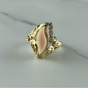 14K Yellow Gold Pink Agate & Sapphires Ring Size 5.5