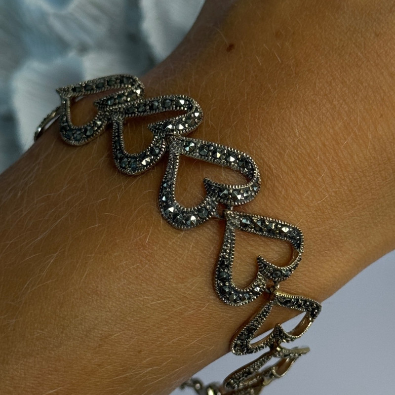 925 Sterling Silver Marcasite Hearts Bracelet Length 7.5