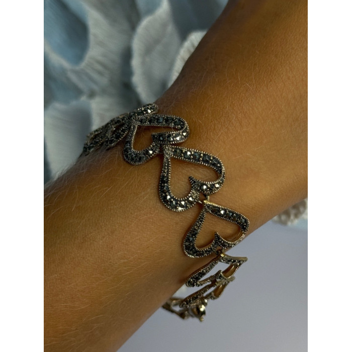 925 Sterling Silver Marcasite Hearts Bracelet Length 7.5