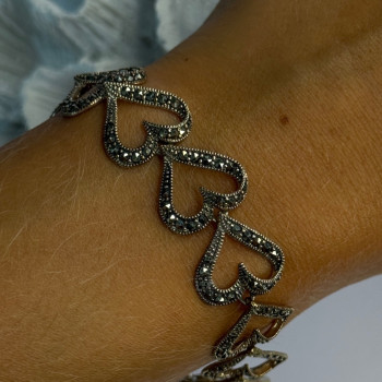 925 Sterling Silver Marcasite Hearts Bracelet Length 7.5