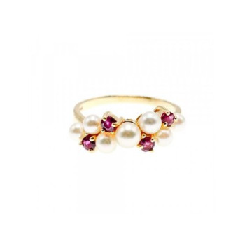 14K Yellow Gold Pearl & Rubies Ring Size 6.5