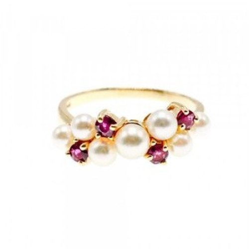 14K Yellow Gold Pearl & Rubies Ring Size 6.5