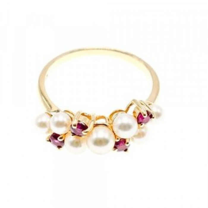14K Yellow Gold Pearl & Rubies Ring Size 6.5