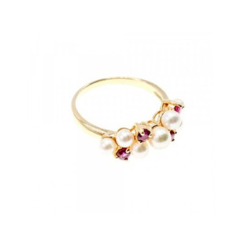 14K Yellow Gold Pearl & Rubies Ring Size 6.5