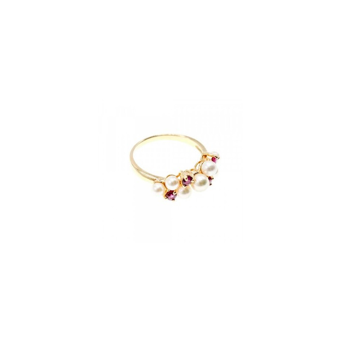 14K Yellow Gold Pearl & Rubies Ring Size 6.5