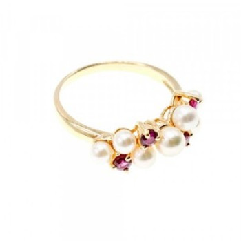 14K Yellow Gold Pearl & Rubies Ring Size 6.5