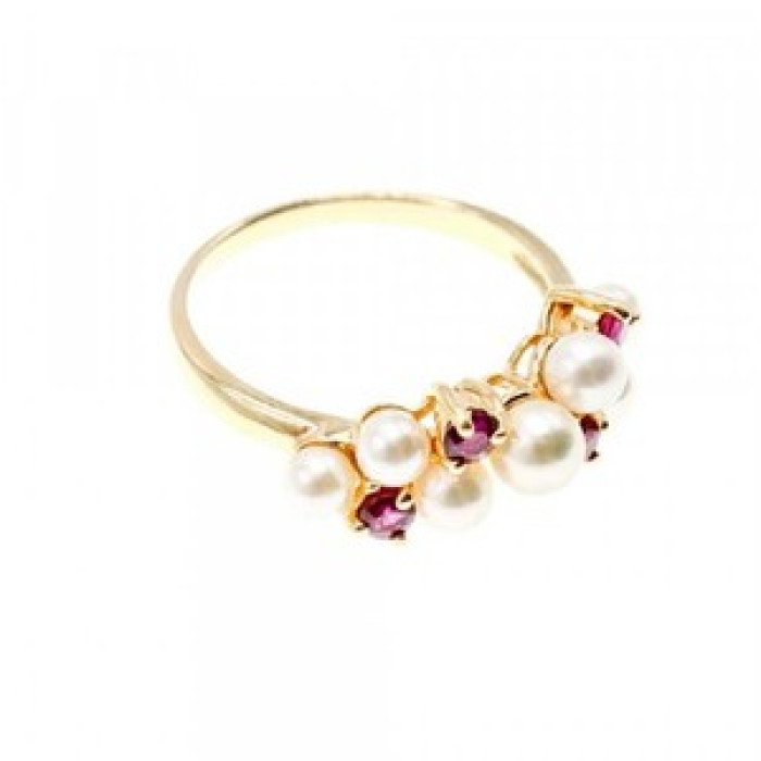 14K Yellow Gold Pearl & Rubies Ring Size 6.5