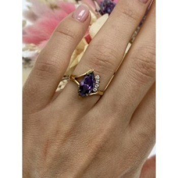 925 Sterling Silver Gold Plated Amethyst & CZ Ring Size 7