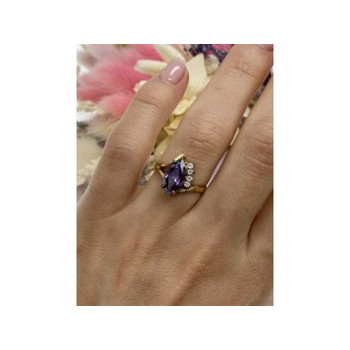 925 Sterling Silver Gold Plated Amethyst & CZ Ring Size 7