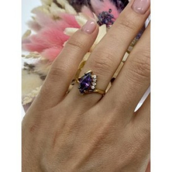 925 Sterling Silver Gold Plated Amethyst & CZ Ring Size 7